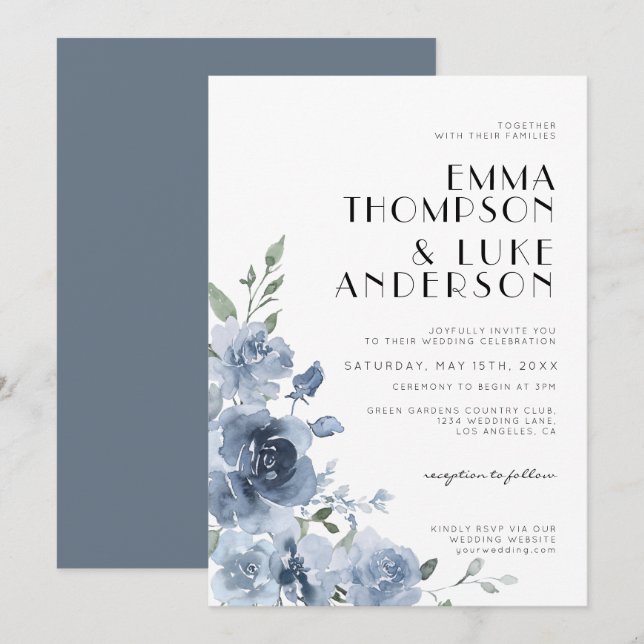 Elegant Dusty Blue Floral Pastel Wedding Einladung (Vorne/Hinten)