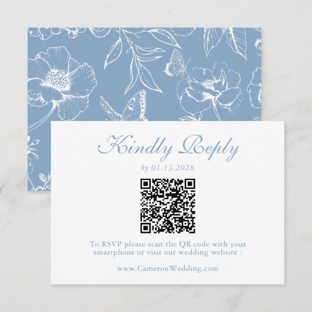 Elegant Dusty Blue Floral QR Code Wedding RSVP  (Vorne/Hinten)