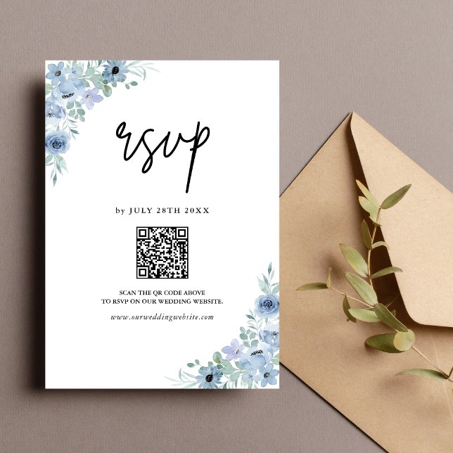 Elegant Dusty Blue Floral QR Code Wedding RSVP Karte (Von Creator hochgeladen)
