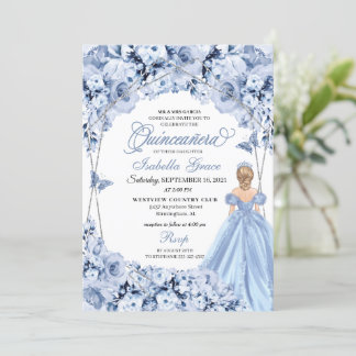 Elegant Dusty Blue Floral Quinceanera Einladung