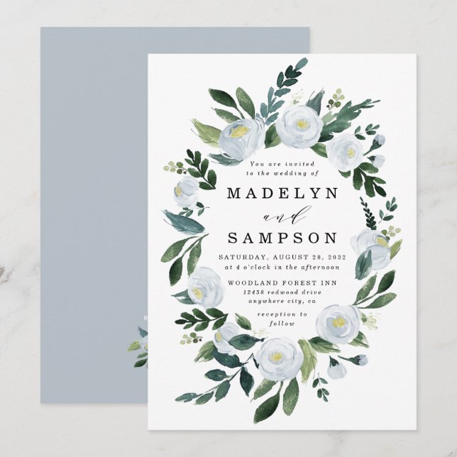 Elegant Dusty Blue Floral Rustic Garden Wedding Einladung (Vorne/Hinten)