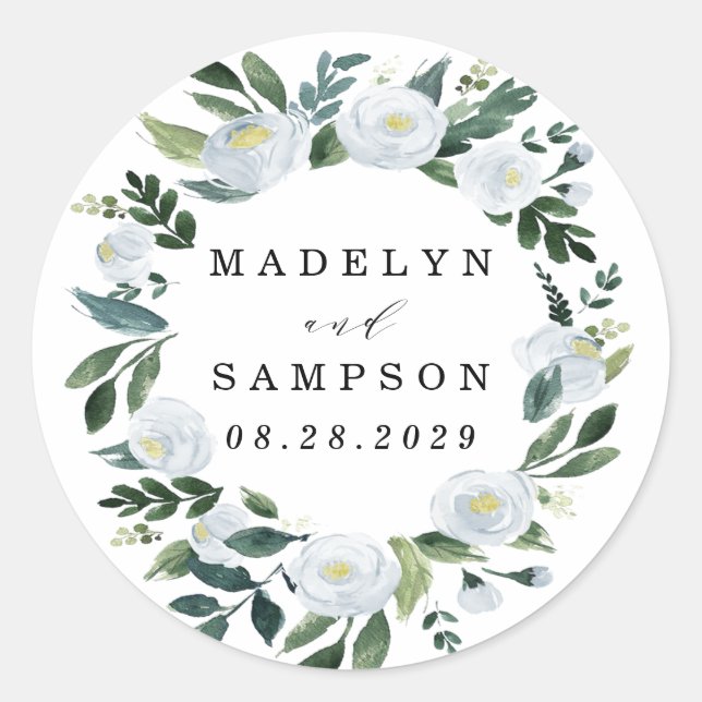 Elegant Dusty Blue Floral Rustic Garden Wedding Runder Aufkleber (Vorderseite)