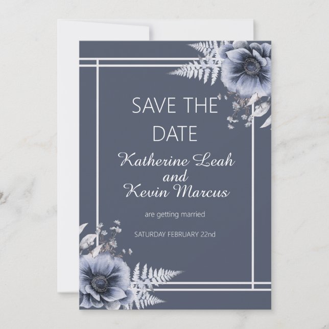 Elegant Dusty Blue Floral Save the Date Einladung (Vorderseite)