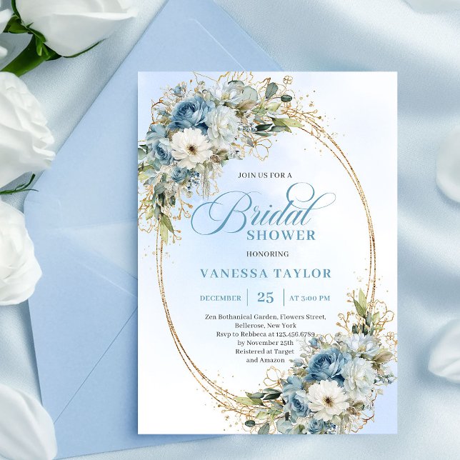 Elegant Dusty Blue Floral Script Bridal Shower   Einladung (Elegant Dusty Blue Floral Script Bridal Shower Invitation)