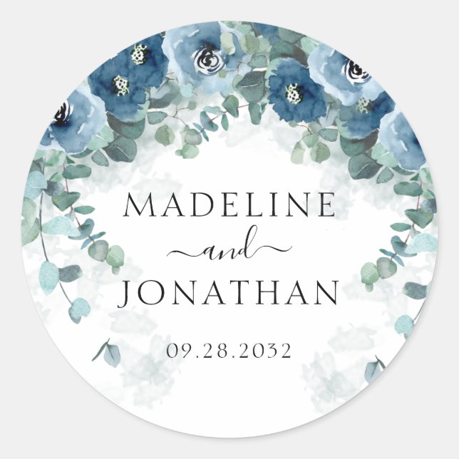 Elegant Dusty Blue Floral Square Hochzeit Runder Aufkleber (Vorderseite)