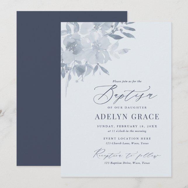Elegant Dusty Blue Floral Taufe Einladung (Vorne/Hinten)
