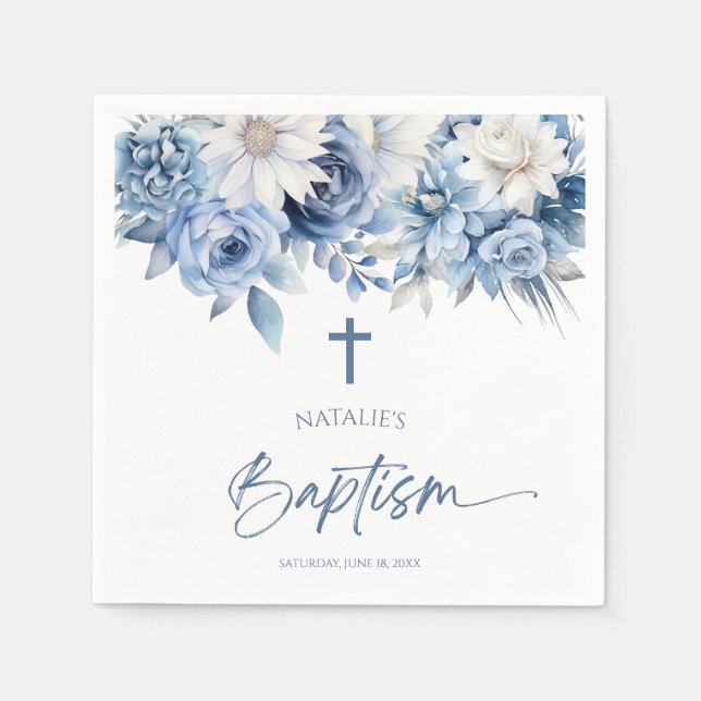Elegant Dusty Blue Floral Taufe Serviette (Vorderseite)