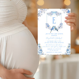 Elegant Dusty Blue Floral Wappen Bow Baby Shower Einladung