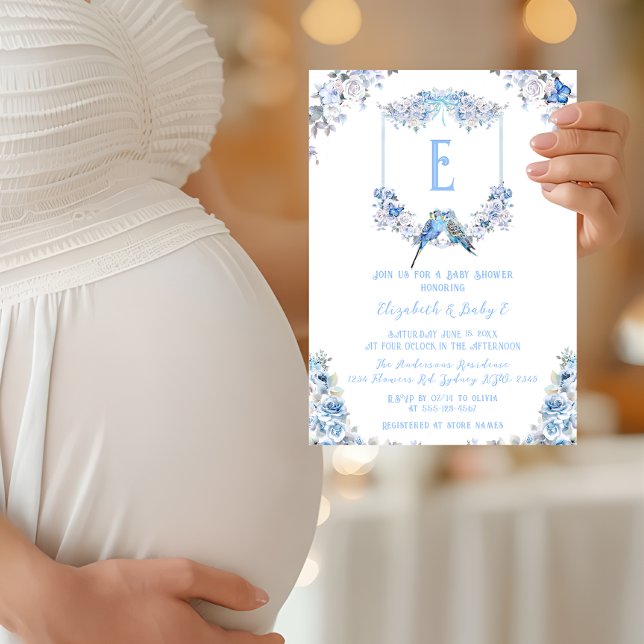 Elegant Dusty Blue Floral Wappen Bow Baby Shower Einladung (Von Creator hochgeladen)
