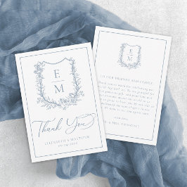 Elegant Dusty Blue Floral Wappen Monogram Wedding Dankeskarte