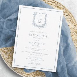 Elegant Dusty Blue Floral Wappen Monogram Wedding Einladung