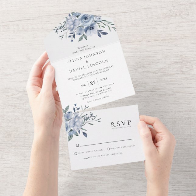 Elegant Dusty Blue Floral Wedding All In One Einladung (Abreißen)