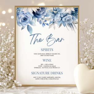 Elegant Dusty Blue Floral Wedding Bridal Bar Sign Poster