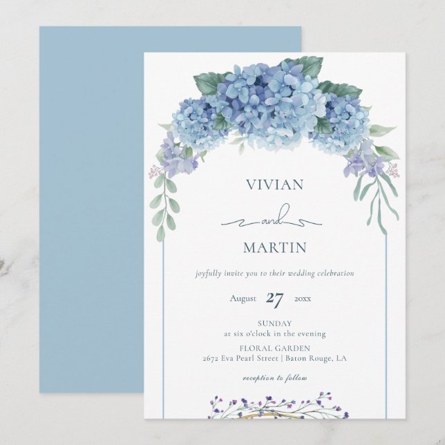 Elegant Dusty Blue Floral Wedding Einladung (Vorne/Hinten)
