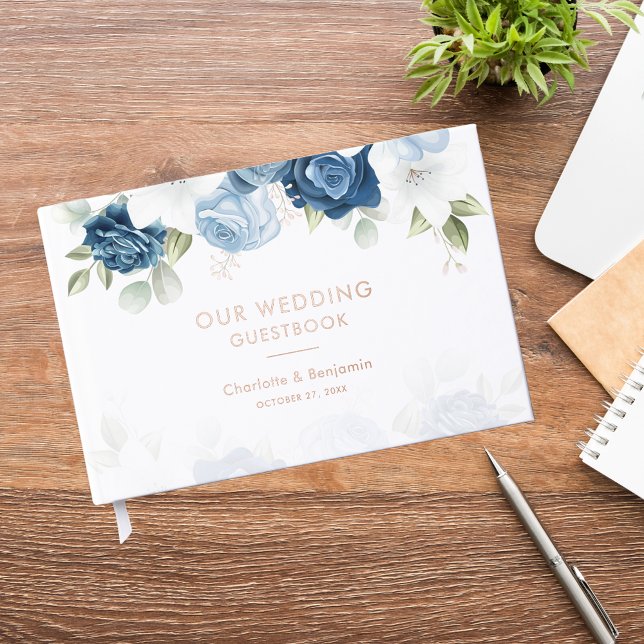 Elegant Dusty Blue Floral Wedding Gästebuch (Dusty Blue Floral Wedding Rose Gold Foil Guest Book)
