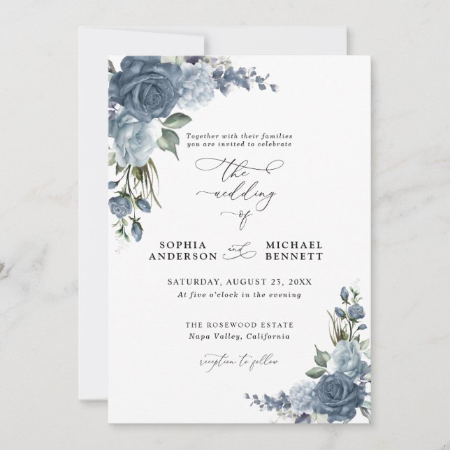 Elegant Dusty Blue Floral Wedding Invitation (Devant)