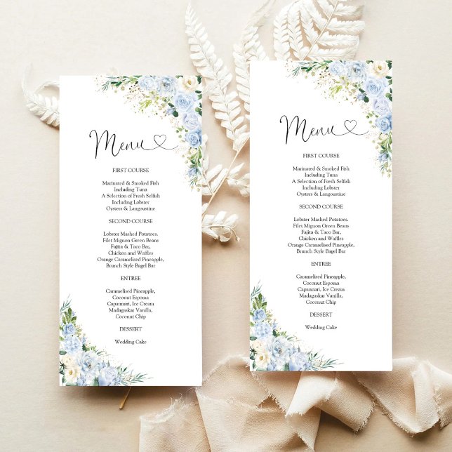 Elegant Dusty Blue Floral Wedding Menu Menükarte (Von Creator hochgeladen)