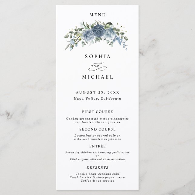 Elegant Dusty Blue Floral Wedding Menu Menükarte (Vorderseite)