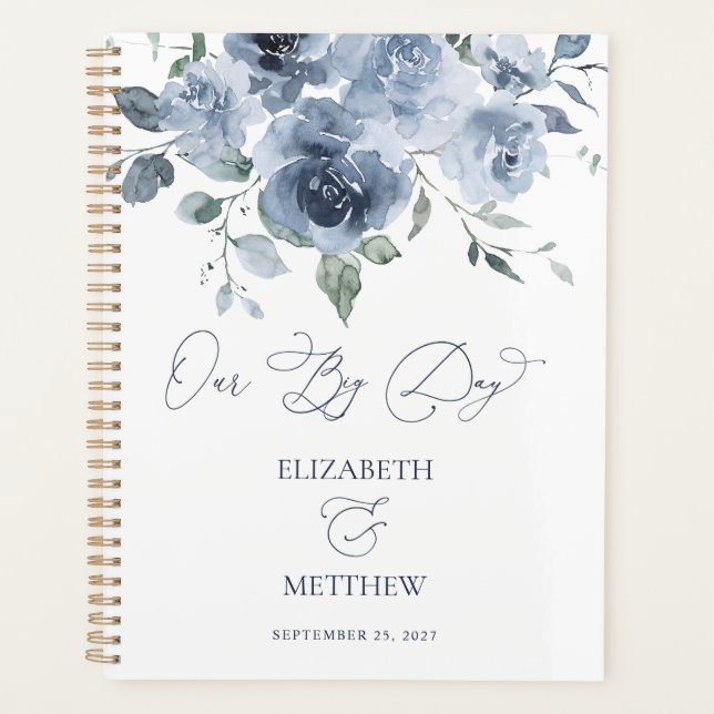 Elegant Dusty Blue Floral Wedding Planner Planer (Vorderseite)