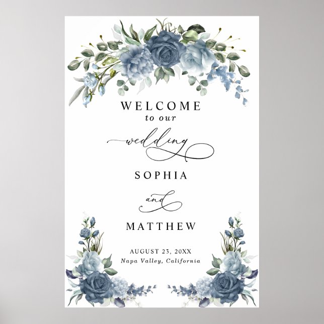 Elegant Dusty blue Floral Wedding Poster (Devant)