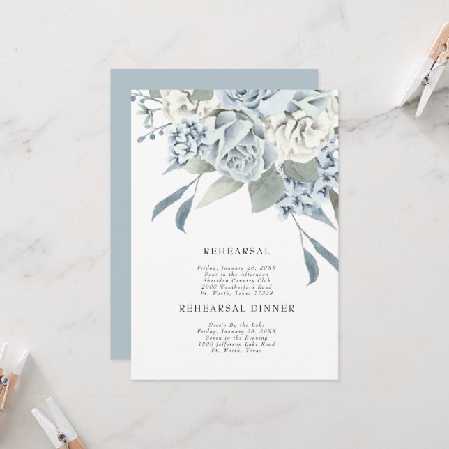 Elegant Dusty Blue Floral Wedding Probe Einladung (Vorderseite/Rückseite Beispiel)