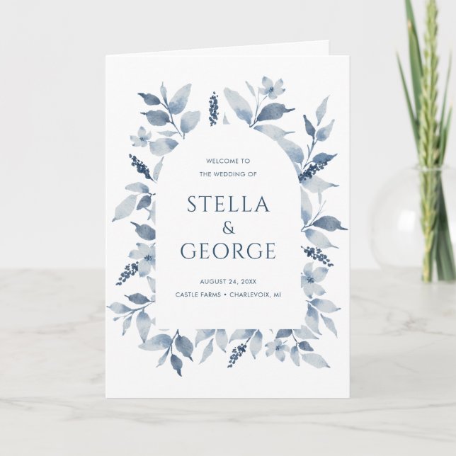 Elégant Dusty Blue Floral Wedding Programme (Devant)