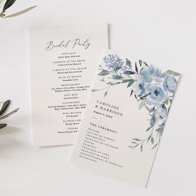 Elégant Dusty Blue Floral Wedding Programme (Créateur téléchargé)