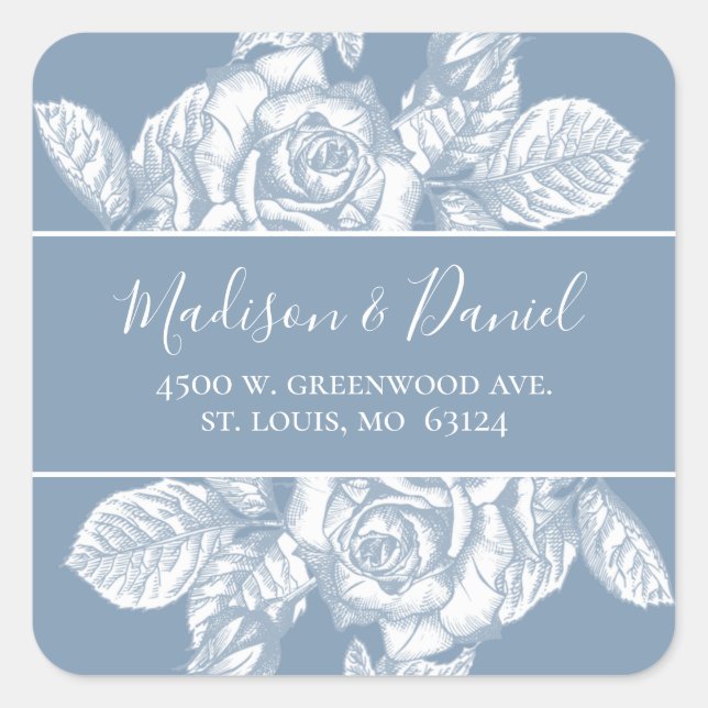 Elegant Dusty Blue Floral Wedding Rücksendeadresse Quadratischer Aufkleber (Vorderseite)