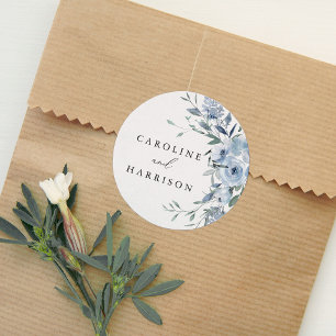 Elegant Dusty Blue Floral Wedding Runder Aufkleber