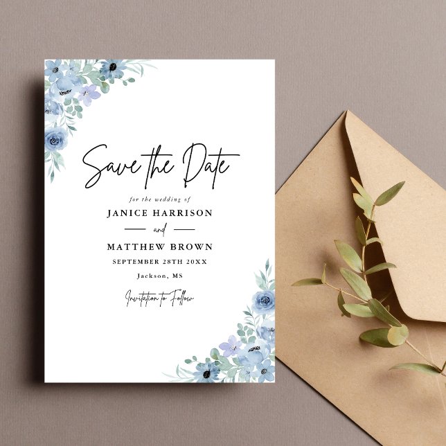 Elegant Dusty Blue Floral Wedding Save The Date (Von Creator hochgeladen)