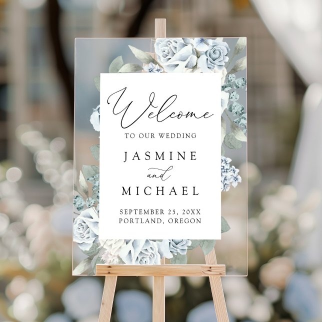 Elegant Dusty Blue Floral Wedding Willkommen Acrylschild (Von Creator hochgeladen)
