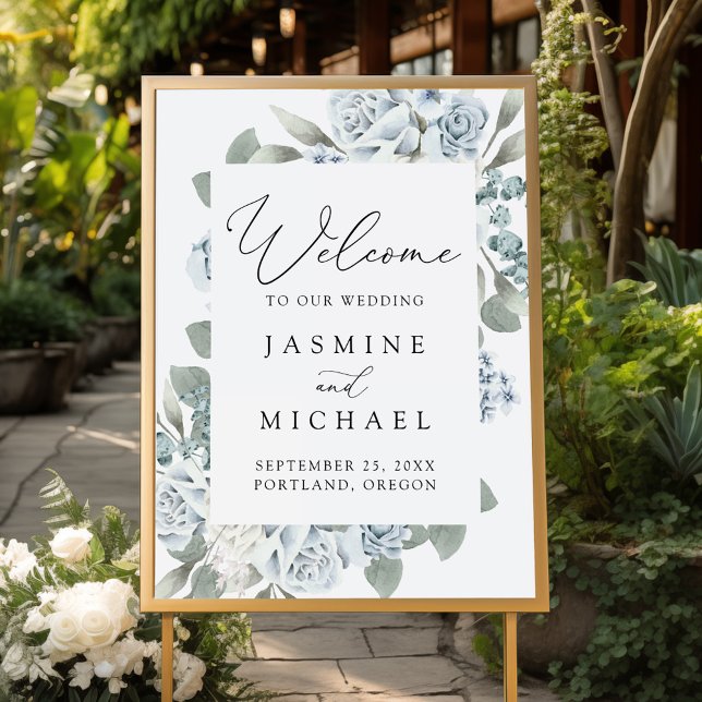 Elegant Dusty Blue Floral Wedding Willkommen Poster (Von Creator hochgeladen)