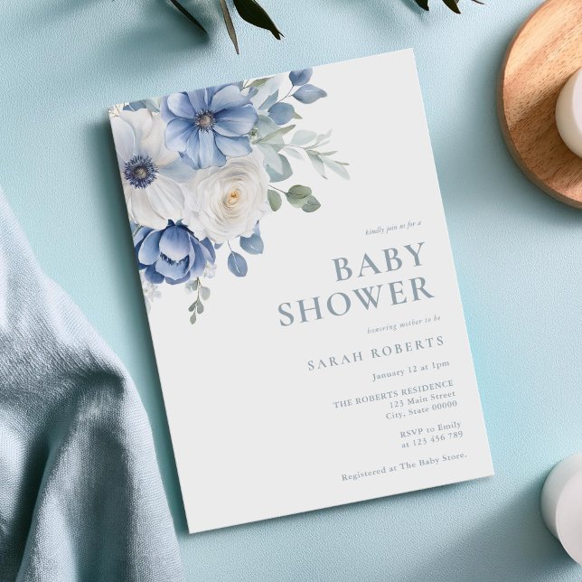 Elegant Dusty Blue Floral Winter Baby Shower Einladung (Von Creator hochgeladen)