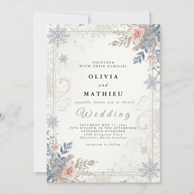 Elegant Dusty Blue Floral Winter Wedding Einladung (Vorderseite)