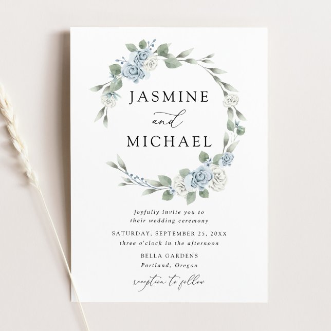 Elegant Dusty Blue Floral Wreath Wedding Einladung (Von Creator hochgeladen)