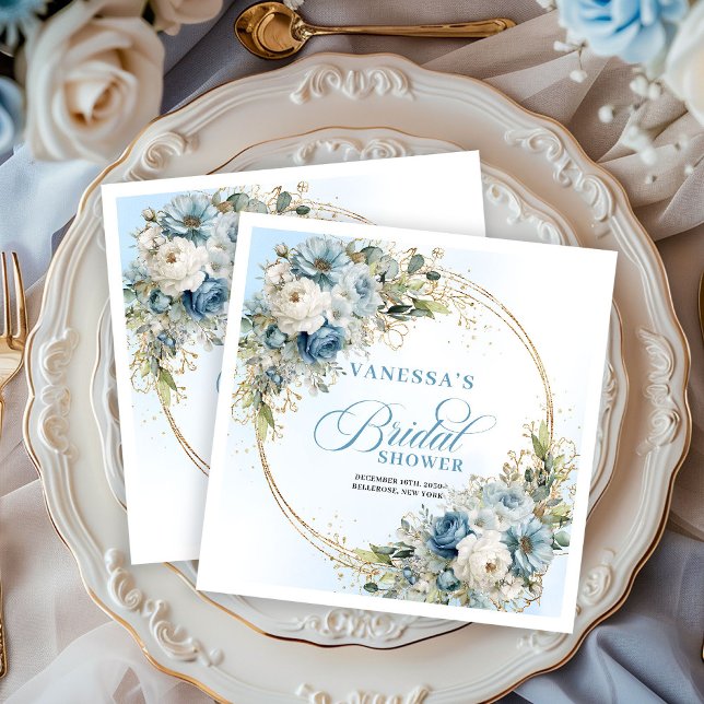 Elegant dusty blue florals eucalyptus gold party  serviette (Elegant dusty blue florals eucalyptus gold party napkins

)