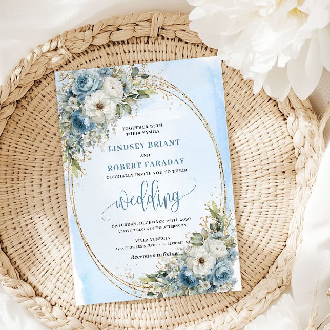 Elegant Dusty Blue Flowers Gold Wedding Invite Einladung (Elegant Dusty Blue Flowers Gold Wedding Invite)