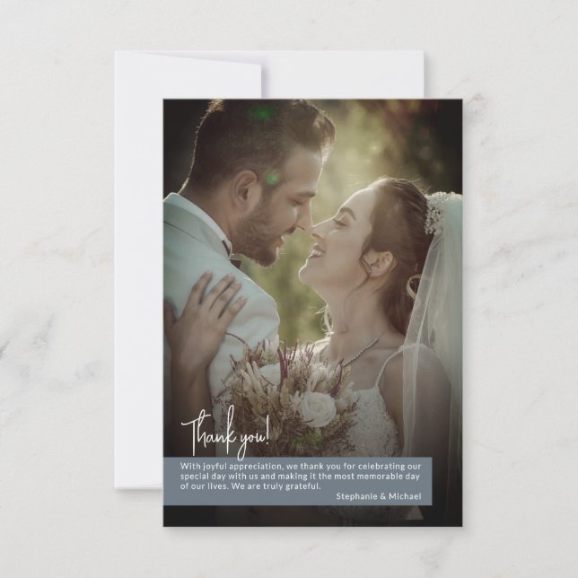 Elegant Dusty Blue Foto Banner Wedding Dankeskarte (Vorderseite)