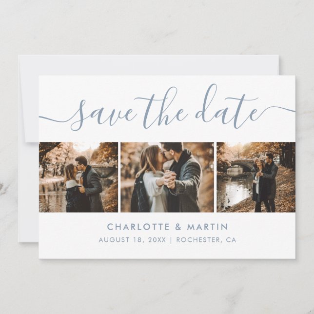 Elegant Dusty Blue Foto Collage Save the Date (Vorderseite)
