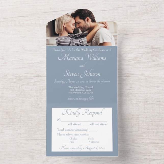 Elegant Dusty Blue Foto Hochzeit Einladung (Innen Boden)