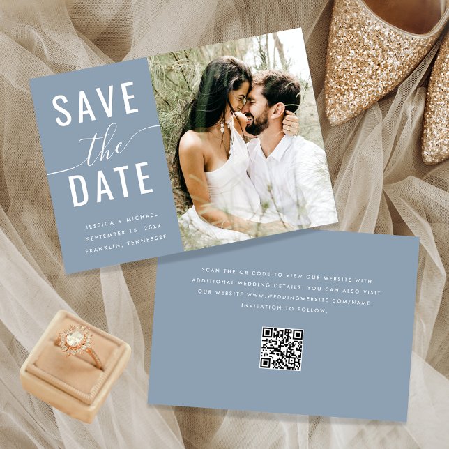 Elegant Dusty Blue Foto Typografy Qr Code Script Save The Date (Von Creator hochgeladen)