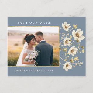 Elegant Dusty Blue Foto Wedding Save the Date Ankündigungspostkarte