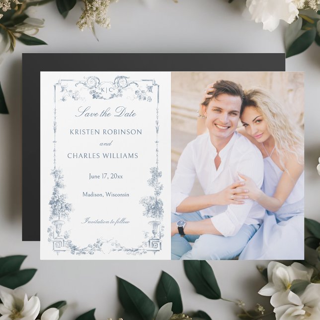 Elegant Dusty Blue French Floral Save the Date Magneteinladung (Von Creator hochgeladen)