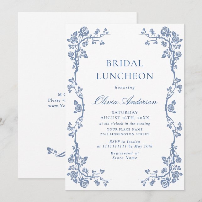 Elegant Dusty Blue French Garden BRIDAL LUNCHEON Einladung (Vorne/Hinten)