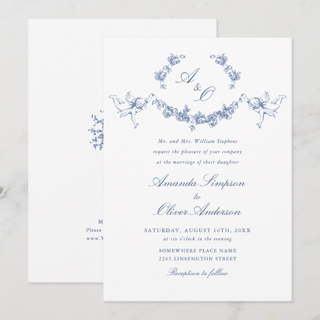 Elegant Dusty Blue French Garden Floral Wedding Einladung (Vorne/Hinten)
