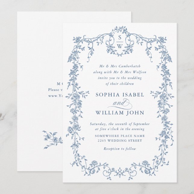 Elegant Dusty Blue French Garden Floral Wedding Einladung (Vorne/Hinten)