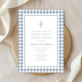 Elegant Dusty Blue Gingham Boy First Communion Einladung