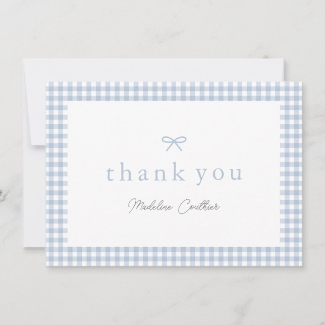 Elegant Dusty Blue Gingham Boys Baby Shower Dankeskarte (Vorderseite)