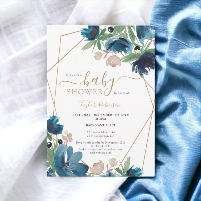 Elegant dusty blue gold Floral Baby shower Einladung (Elegant dusty blue gold Floral Baby shower Invitation)