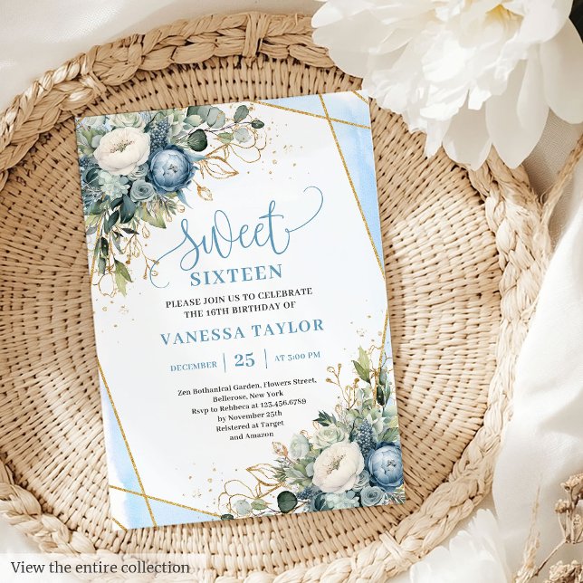 Elegant dusty blue gold floral sweet 16 Einladung (Elegant dusty blue gold floral sweet 16 invitation

)